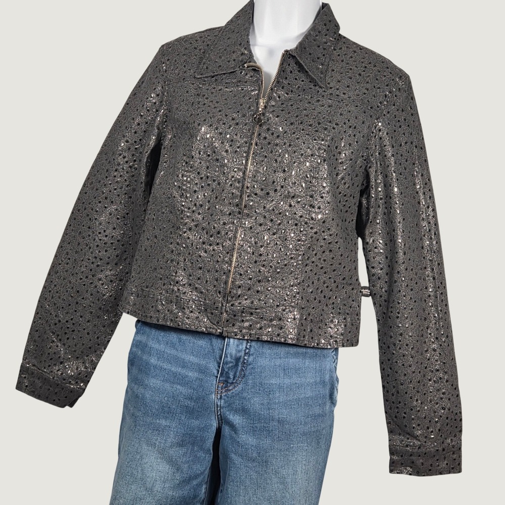 Baby Phat Women Large Faux Ostrich Crop Zip Up Jacket Cotton Vintage Y2K Black